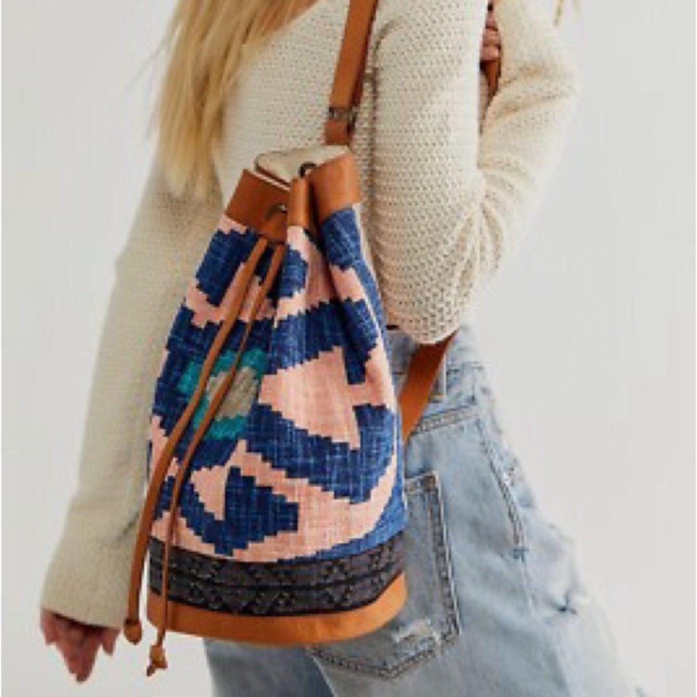 Free People Pink and Blue Woven Bucket Backpack with Tan Trim